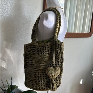 Handmade Olive Green Crochet Tote Bag with a heart pendant